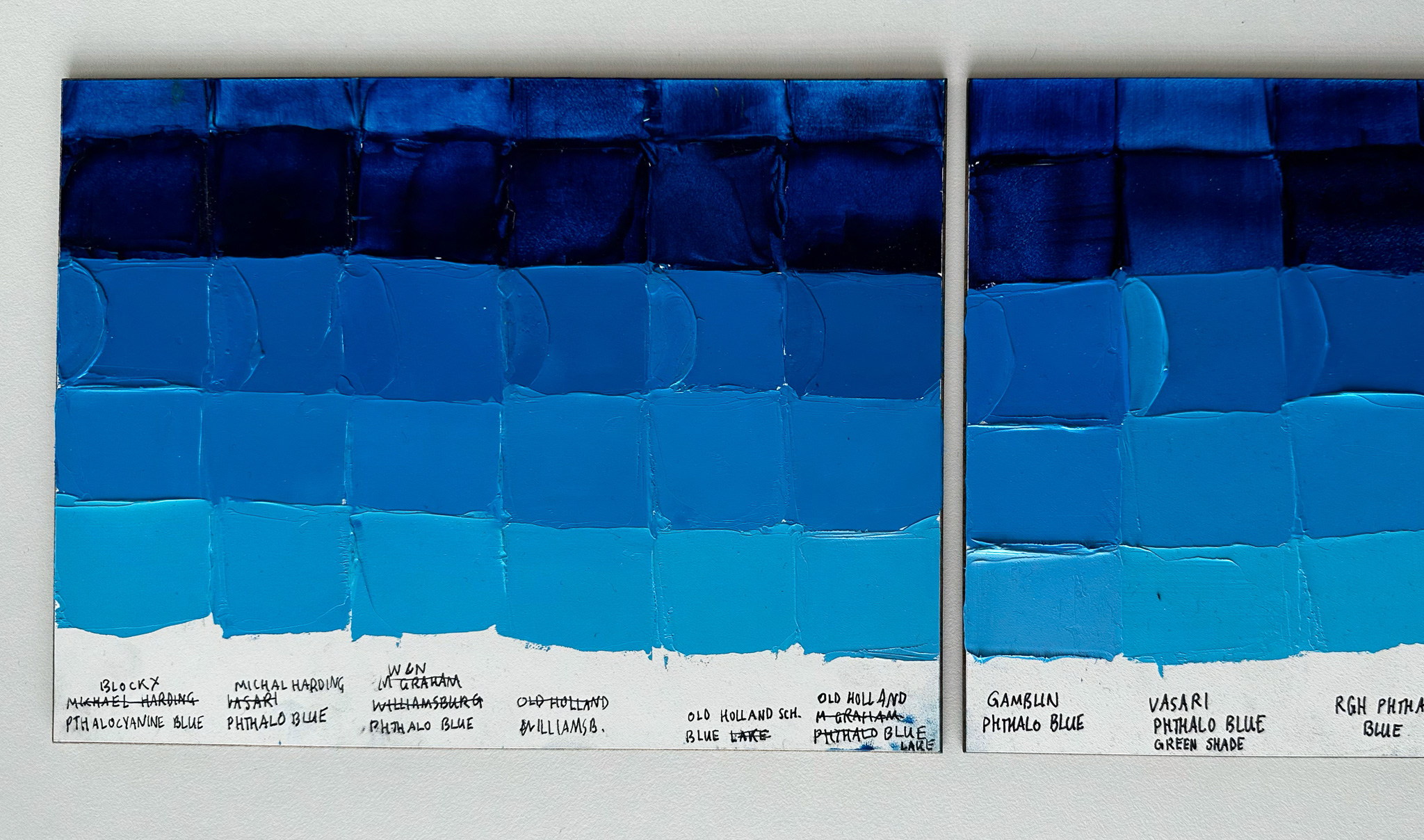 Paint swatch comparisons of Phthalo Blue PB15 3 exploring differences between the colors when mixed with white. These panels show a variety of colors in addition to the paints featured in the article 